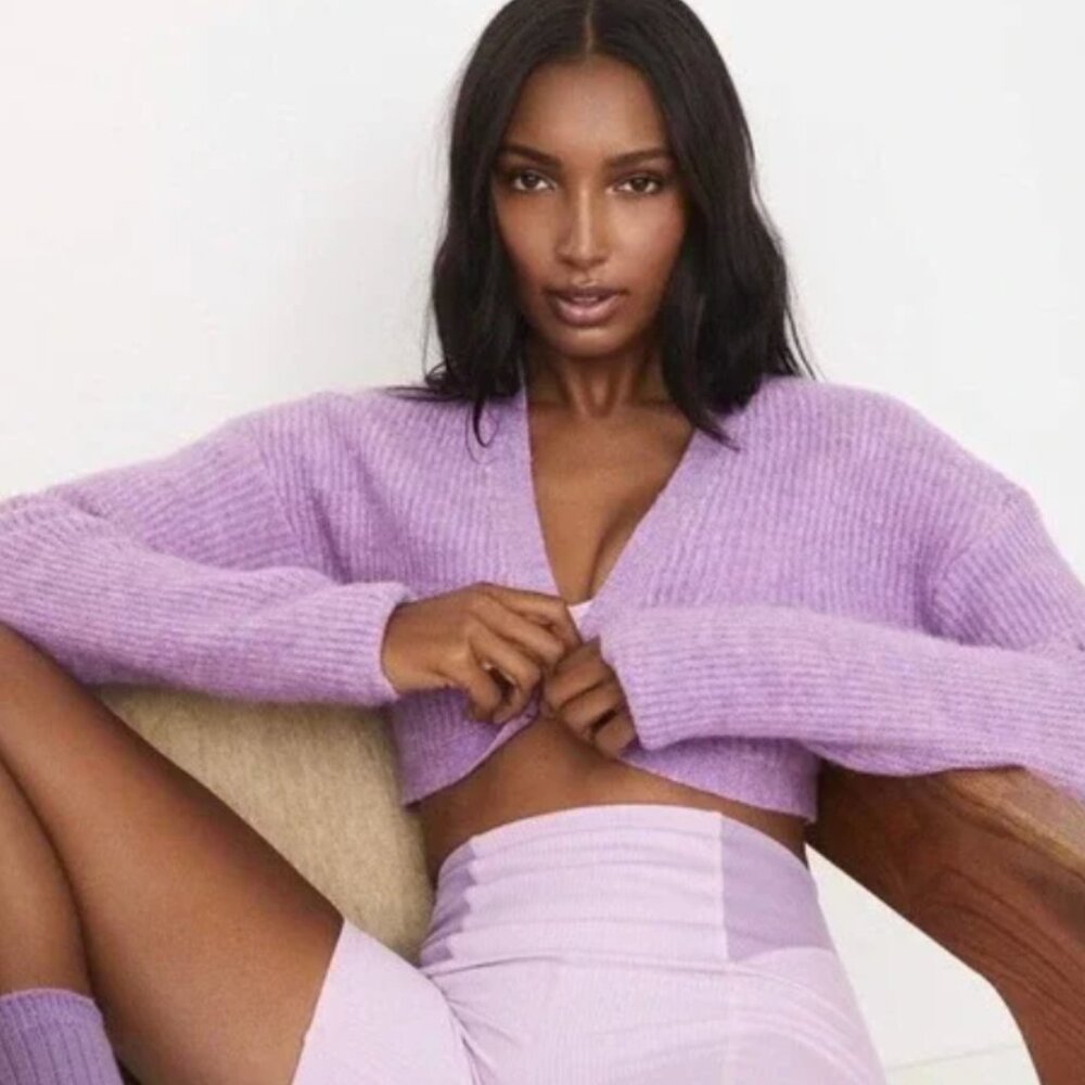 NEW For Love and Lemons Emery crop knit cardigan sweater ribbed purple lilac XS